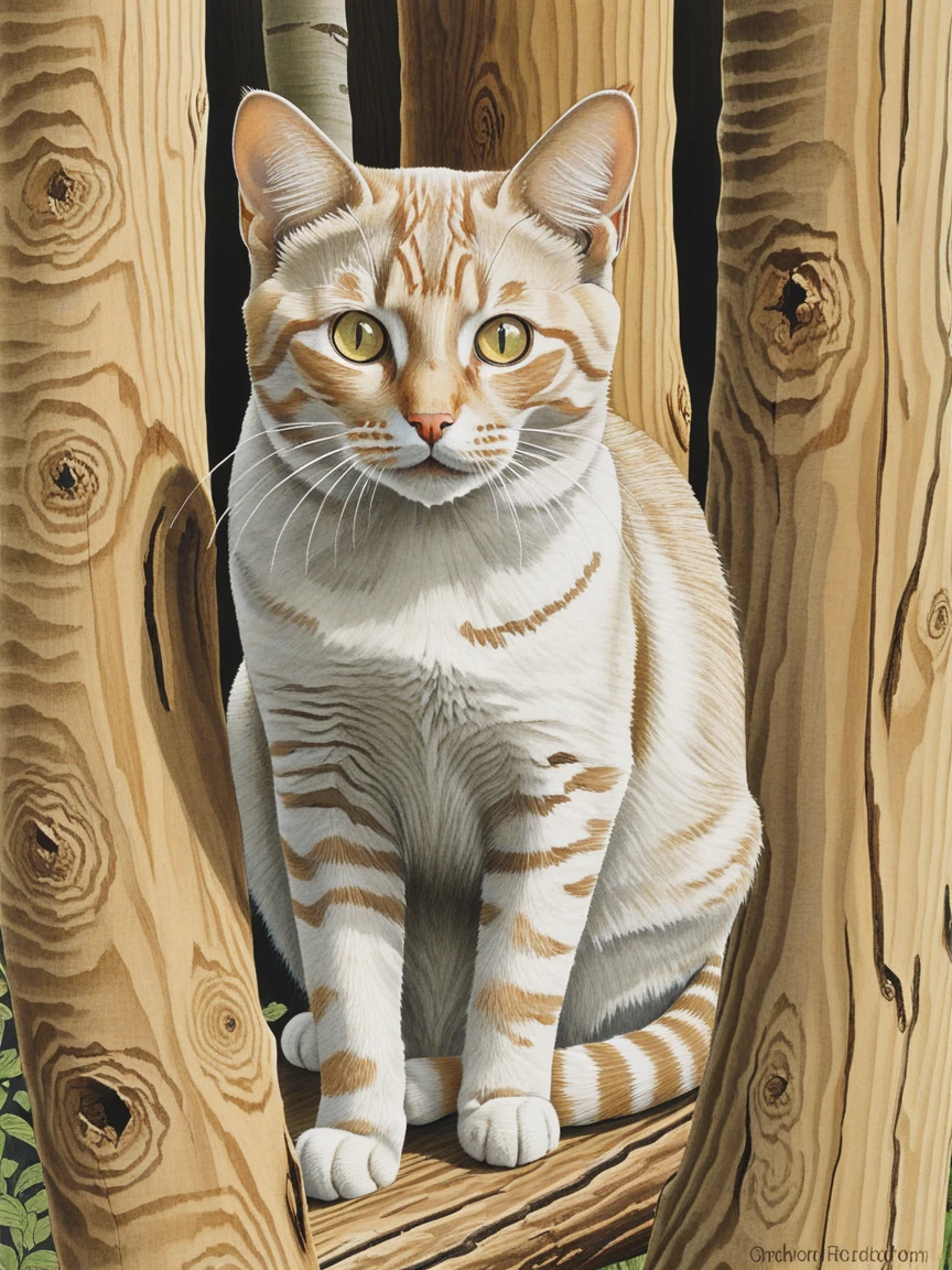 <lora:s34nXL:1> s34n, outdoors, traditional media, animal focus, scenery, woodgrain cat