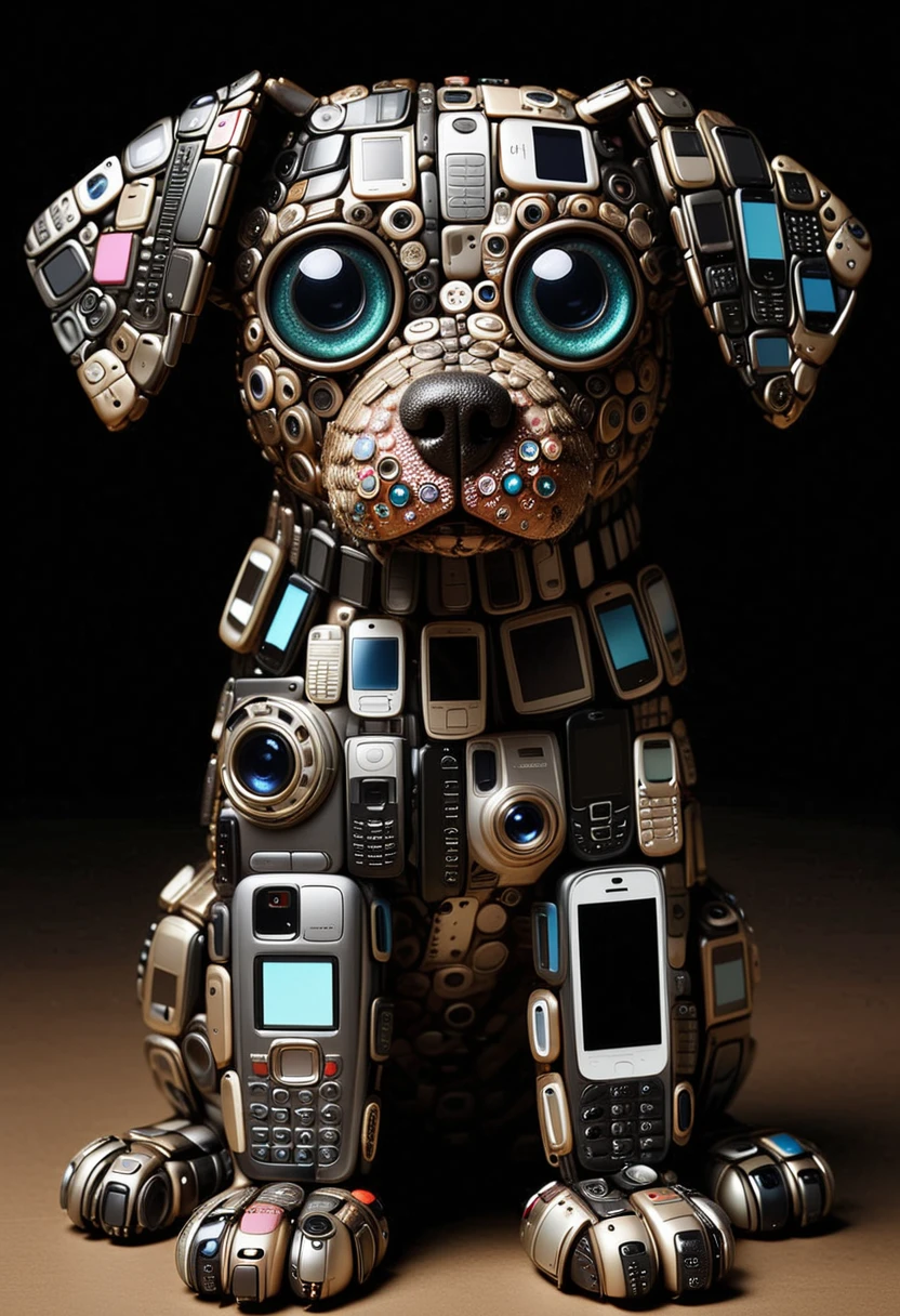 C3LLPH0N3S, a cute dog is made of cell phones, detailed face, (big eyes:0.9), detailed eyes, ,Masterpiece,best quality, raw photo, realistic, very aesthetic