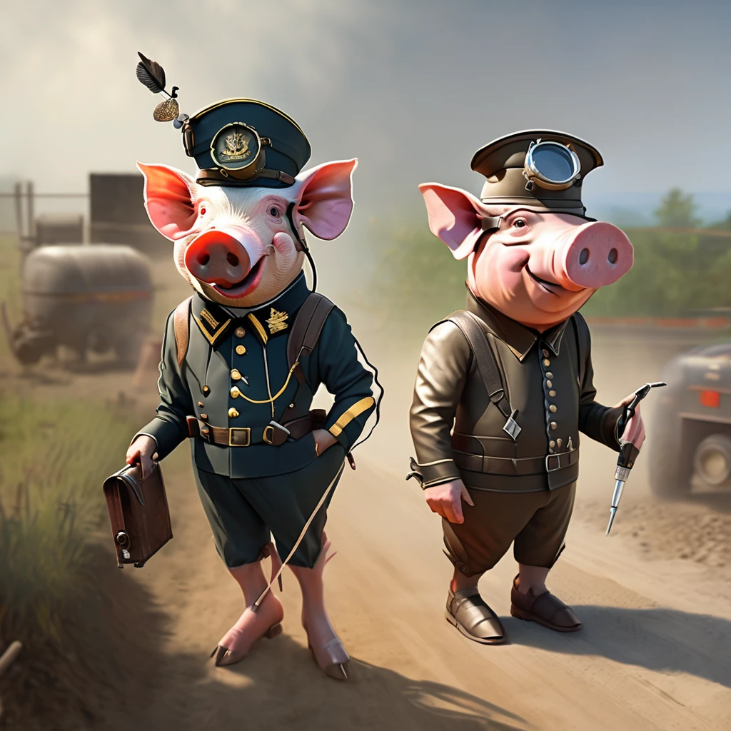 hru, two pigs walking down a dirt road, one wearing a pilot's hat and the other wearing a pilot's uniform <lora:hogs-cnt:1>