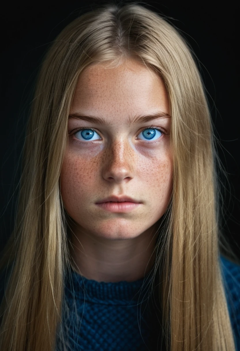 Photo portrait of a 21 y.o. Dutch woman, defiant, pensive, freckles, long dark straight blonde hair, blue eyes