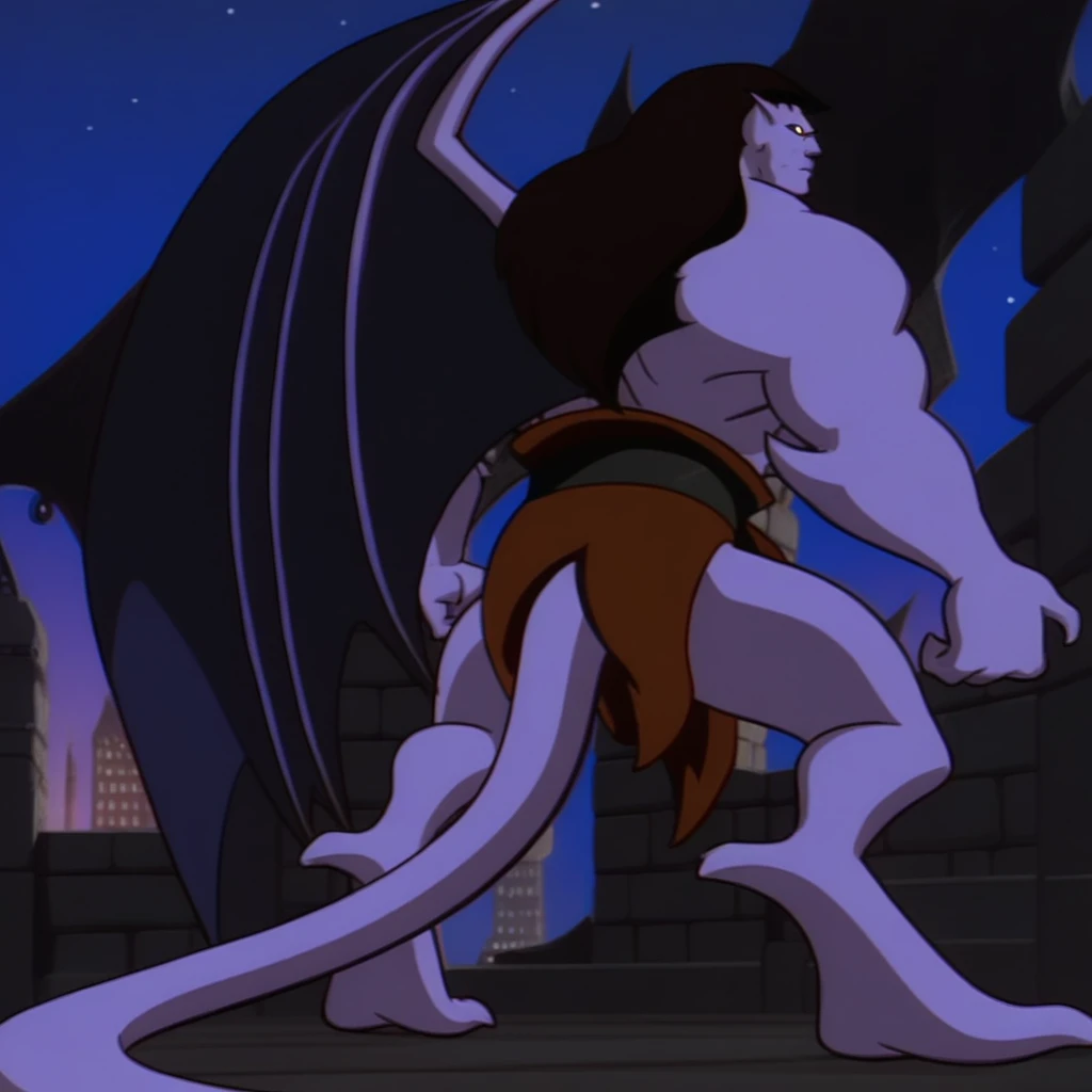 goliath, highly detailed face, white eyes and black pupils, big muscular figure, muscular pecs, muscular arms, loincloth, tail, large open wings, demon wings, black hair, flexing arms, on top of a building at night, arms at side, view from behind