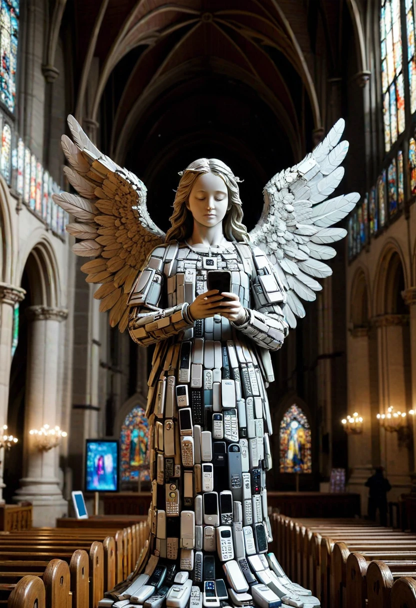 C3LLPH0N3S, a angel statue made of cell phones,  set in a church ,Masterpiece,best quality, raw photo, realistic, very aesthetic