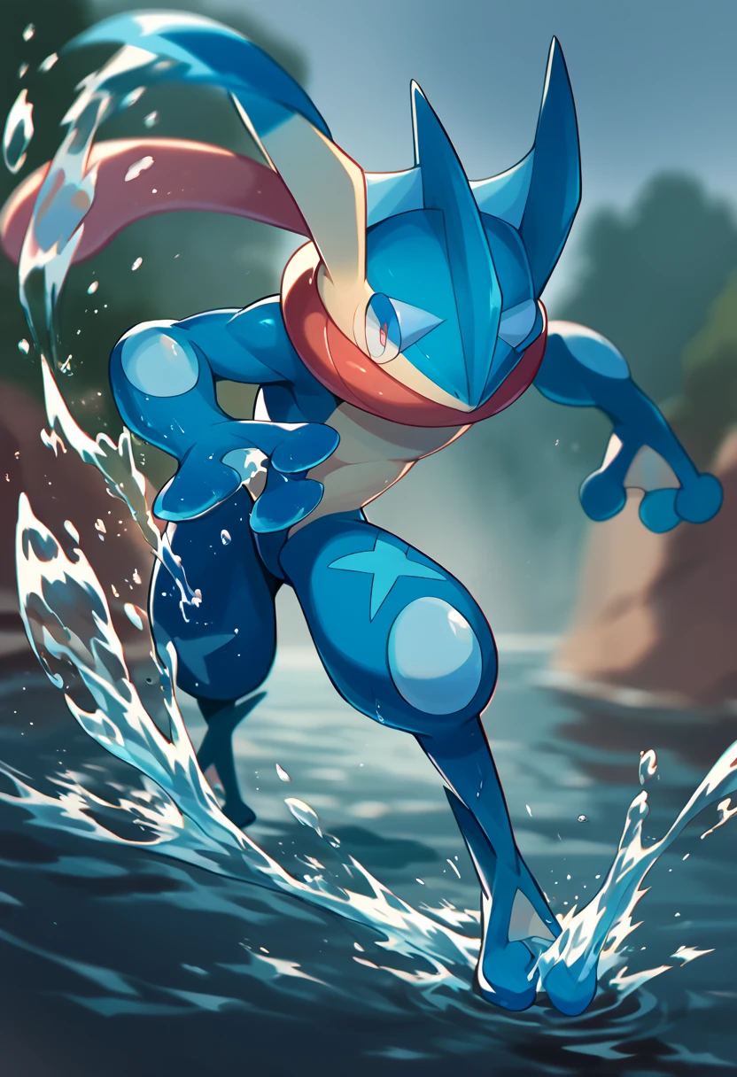 score_9, score_8_up, score_7_up, score_6_up, source_furry, solo, dof,  full-length portrait, blurred background, dof, cinematic, <lora:POKEMON_GRENINJA:1> greninja, pokemon (creature), action pose, attacking, water splash, motion blur, running on water