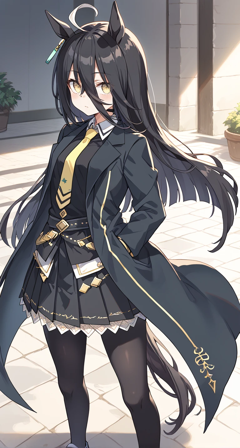 score_9,score_8_up,score_7_up,
official art,official style,game cg,megami magazine,
1girl,
mht race,manhattan cafe (umamusume),
ahoge,animal ears,black gloves,black hair,black jacket,black skirt,
collared shirt,earrings,gloves,hair between eyes,horse ears,horse girl,
jacket,jewelry,long hair,long sleeves,multicolored hair,necktie,shirt,
single earring,skirt,yellow eyes,black coat,black pantyhose,black shirt,
coat,highres,pantyhose,white footwear,yellow necktie,pleated skirt,horse tail,
tail,very long hair,blush,eyes visible through hair,long hair between eyes,eyebrows visible through hair,
standing,
<lora:umamusume_manhattan_cafe_pony_v1:1>,