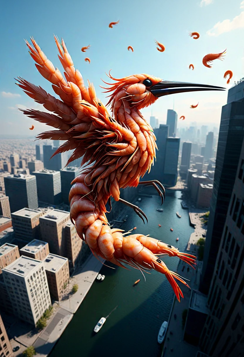 5HR1MP5, a bird made of shrimps,  flying over the city ,Masterpiece,best quality, raw photo, realistic, very aesthetic