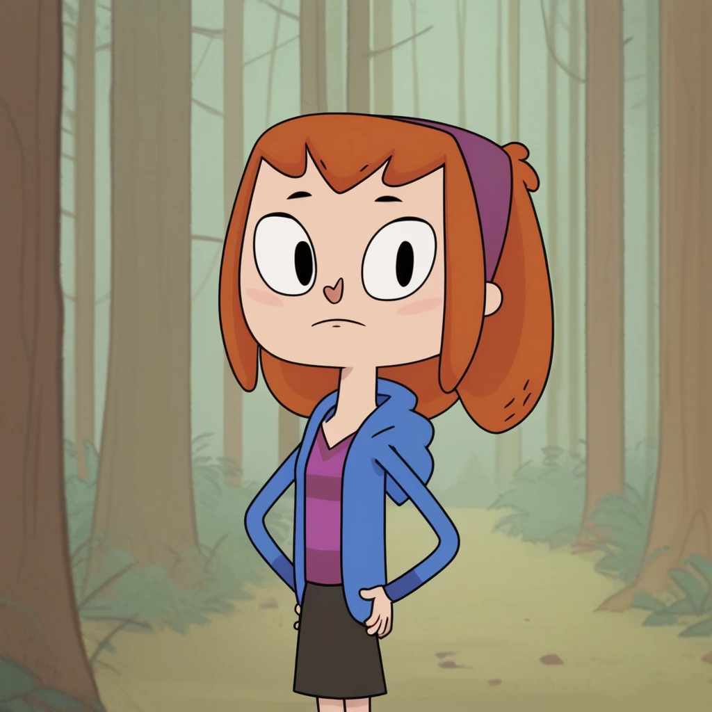 score_9_up, BREAK, LEIA, 1girl, solo, orange hair, black eyes, headband, hoodie, long sleeves, striped shirt, skirt, <lora:OswaldoLeia_PXL_Leaf1:1>, outdoors, forest, looking at viewer,