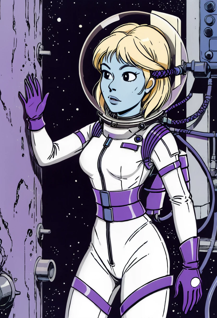 masterpiece, best quality, ultra_detailed, highres, absurdres, khany \(yoko tsuno\) <lora:khany_xl_v4:1>, 1girl, short blonde hair, (colored skin, blue skin:1.6), purple spacesuit, purple gloves, lama scuba helmet, (light smile:0.3), solo, alone, graphic novels illustration, thin outlines, 1990s \(style\), traditional media, retro artstyle, futuristic, science fiction, (intricate details, extremely detailed:1.15), (ultrahigh resolution textures), (volumetric, cinematic) lighting, <lora:lama_scuba_helmet-xl-v2-000012:0.5>