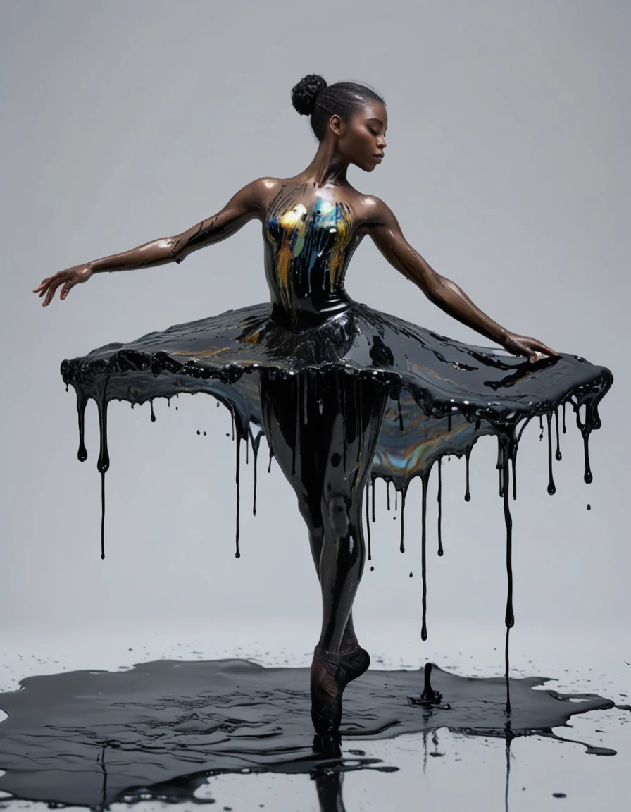 a black women ballerina covered, bath with crude oil,oil spill