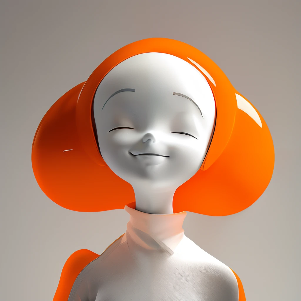 A orange mannequin is standing in front of a plain white wall. It is a black and white photo. The mannequins head is completely bald. The head is facing to the right. It has a slight smile on it's face. It's eyes are closed and it's lips are slightly parted. There is