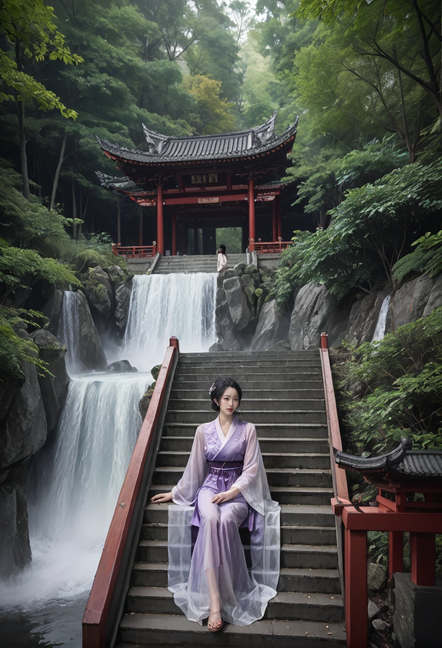 ,ruanyi0824,outdoors,forest,east asian architecture,waterfall,stairs,fog,
,ruanyi0752,hanfu,purple dress,see-through,wide sleeves,sitting,<lora:0824 building in forest_v1_pony:1>,<lora:0752 Wisteria butterfly hanfu_v1_pony:0.9>, score_9,score_8_up,score_7_up,,8k,1girl,solo,,