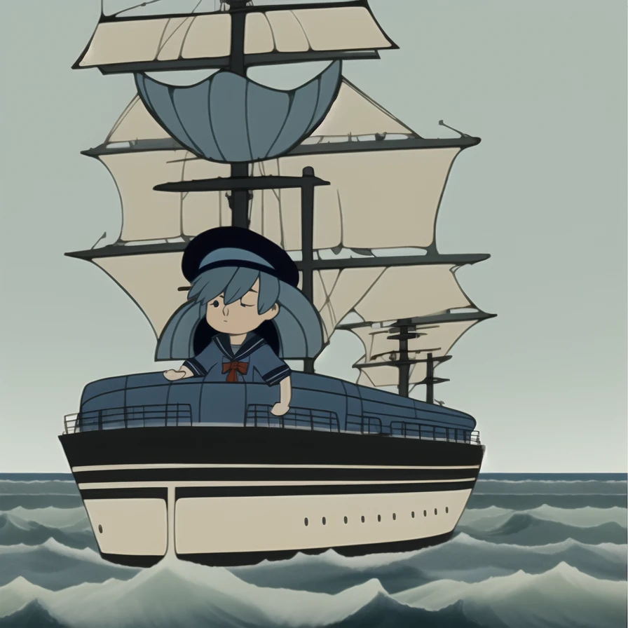 <lora:Marvelous_Misadventures_of_Flapjack-09:0.9>, 1boy, thin, blue hair, sailor, sailor hat, on ship, large_ship, ocean_background,
