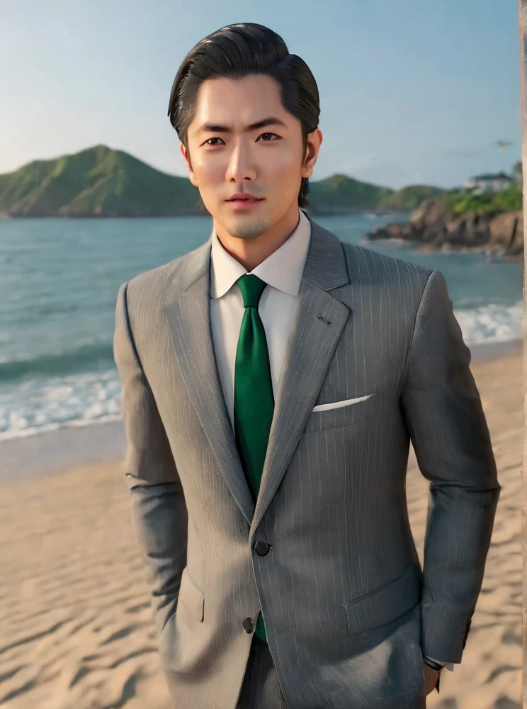 <lyco:Hajime_Ogasawara:0.9>, highly detailed professional 8k raw photography, best hyperrealistic quality backgrounds, volumetric real-time lighting and shadows, (Hajime_Ogasawara) wearing gray suit, green tie, (Man), Asian, black eyes, Black_Hair, standing, beach background, close up