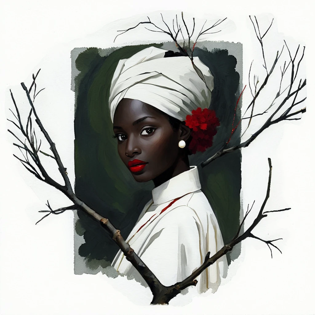 <lora:DunnXL:1> dunn, staff, white border, dark skin, branch, red lips, traditional media, abstract, painting (medium)