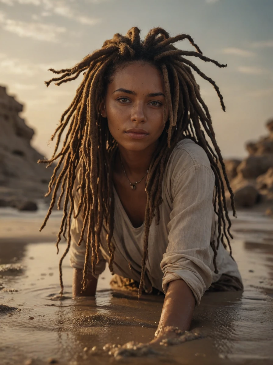 A gorgeous woman with a chic sense of style,Dreadlocks,Honey,claw pose,At the Temporal Bastion submerged in Aeon Sand,bokeh professional 4k highly detailed,Canon 5d mark 4,moody lighting