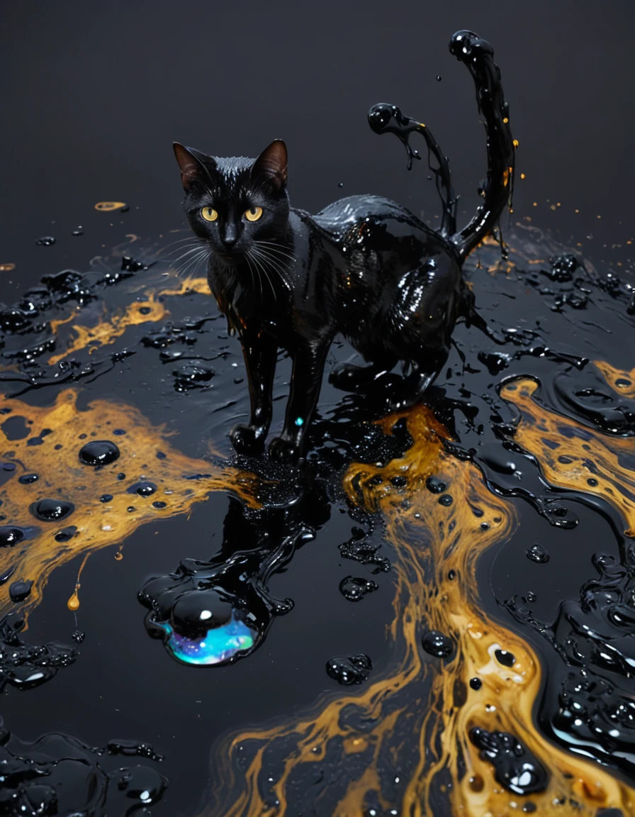 a black cat made of black crude oil. spill oil,oil