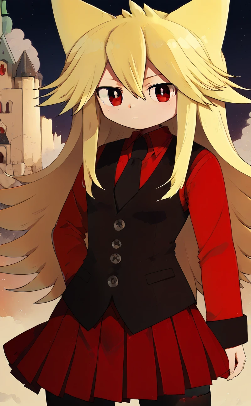 Moge-ko,Moge-ko from Mogeko castle,Moge-ko girl,<lora:Moge_v7:1>,long hair,blonde hair,red eyes,long black sleeves,animal ears,cowboy shot,pleated skirt,vest,red skirt,black necktie,long black stockings,detailed eyes,high -quality eyes,high quality eyes,