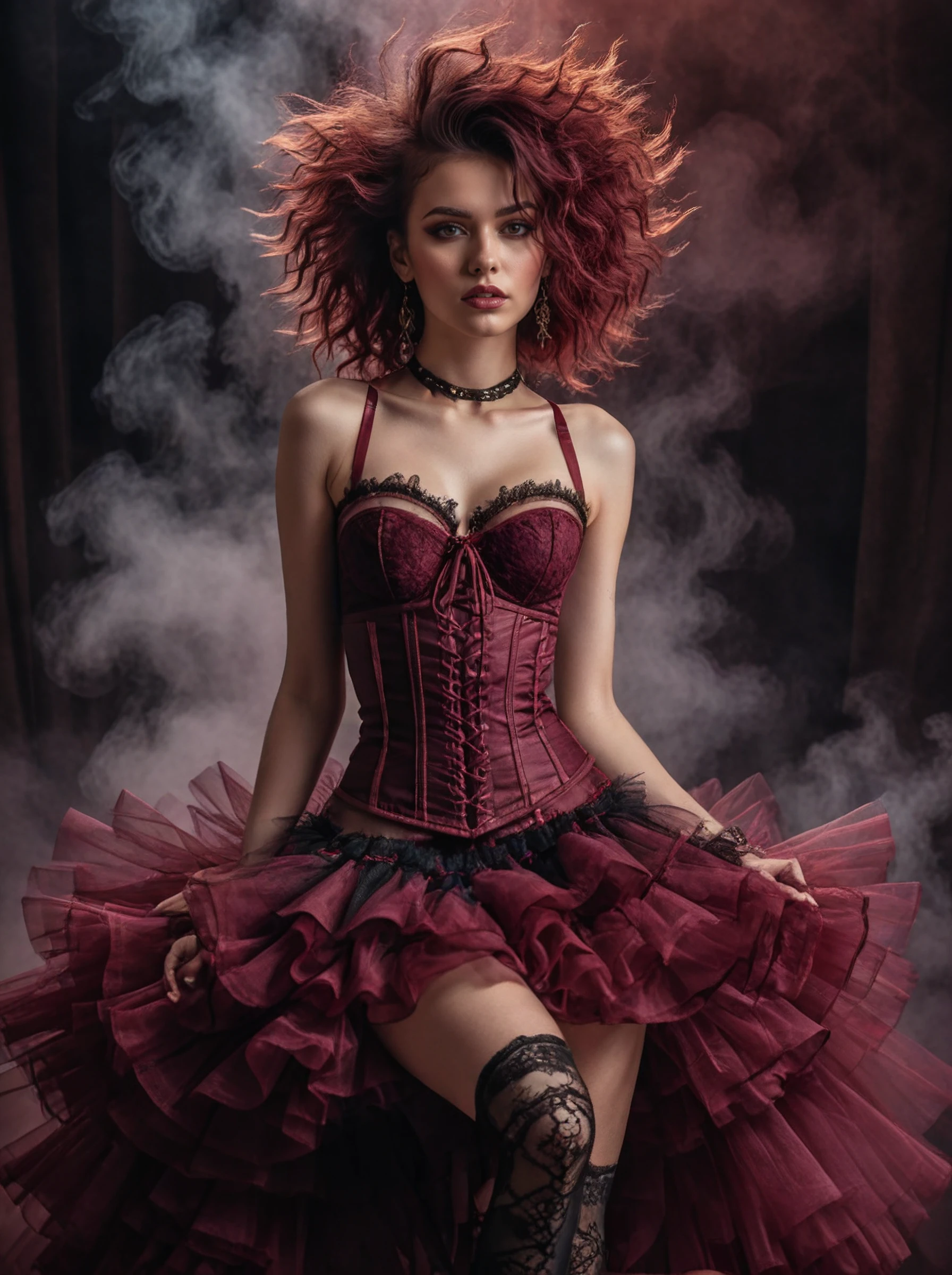 a woman in a lingerie sexy pose,Cloud Hair,Burgundy,dressed in a tiered tulle skirt with a lace-up bustier and spiked accessories,angle from above,the underworld,style by Emila Medková,epic Detailed illustration vibrant extremely hyper aesthetic,Nikon d850,side lit