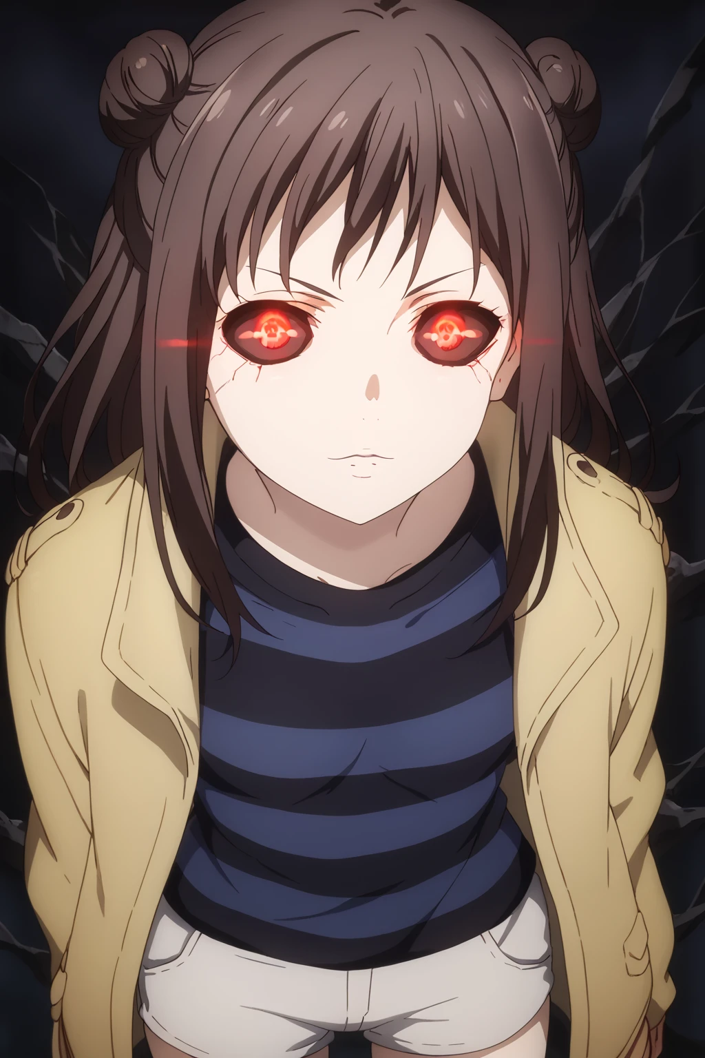 score_9, score_8_up, score_7_up, source_anime, best quality, masterpiece, 1girl, sakura inami, brown hair, long hair, hair bun, double bun, brown eyes, black hair, shorts, striped shirt, striped, looking at viewer, ghoul eyes, red eyes, glowing, colored sclera, black sclera, glowing eyes, dark background <lora:ghoul_eyes:1> <lora:sakura-inami-s1-ponyxl-lora-nochekaiser:1>