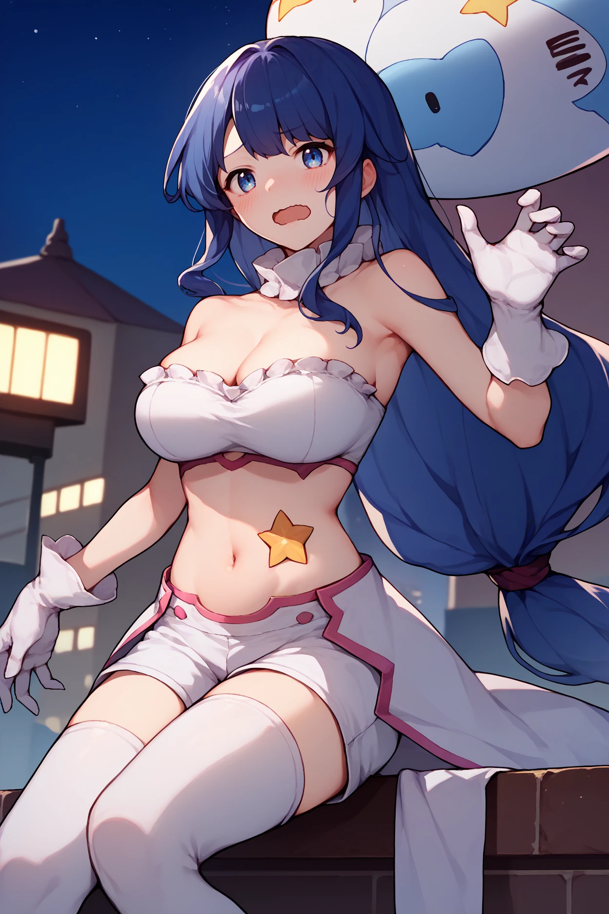 score_9, score_8_up, score_7_up, score_6_up, source_anime, 1girl, solo,  <lora:mihoshi-pdxl-nvwls-v1-000005:0.9> mihoshi, long hair, blue hair, white tube top, cleavage, frills, midriff, white shorts, short shorts, white overskirt, white thighhighs, white gloves, star on stomach, blush, open mouth, wavy mouth, night sky, city, big breasts