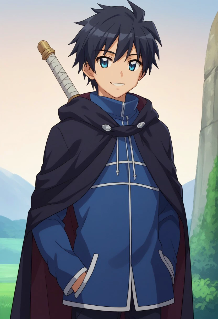 score_8_up, score_7_up, source_anime, highly detailed, 
saitohiraga, solo, 1boy, male focus, hands in pockets, black hair, jacket, pants, upper body, standing, smile, long sleeves, blue eyes, smile, cape, cloak, weapon, sword on back,
outdoor, sky,