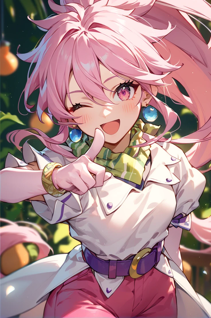 score_9, score_8_up, score_7_up, source_anime, 
blurry background,
pov, wink, pointing, cowboy shot, open smile, blush,
<lora:arche_autismConfetti_v02:1>archebase, pink hair, high ponytail, pink eyes,  long hair, earring, hair between eyes,
white shirt, belt, pink pants, puffy pants, elbow gloves, purple belt, bracelet, green neckercheif,, zPDXL