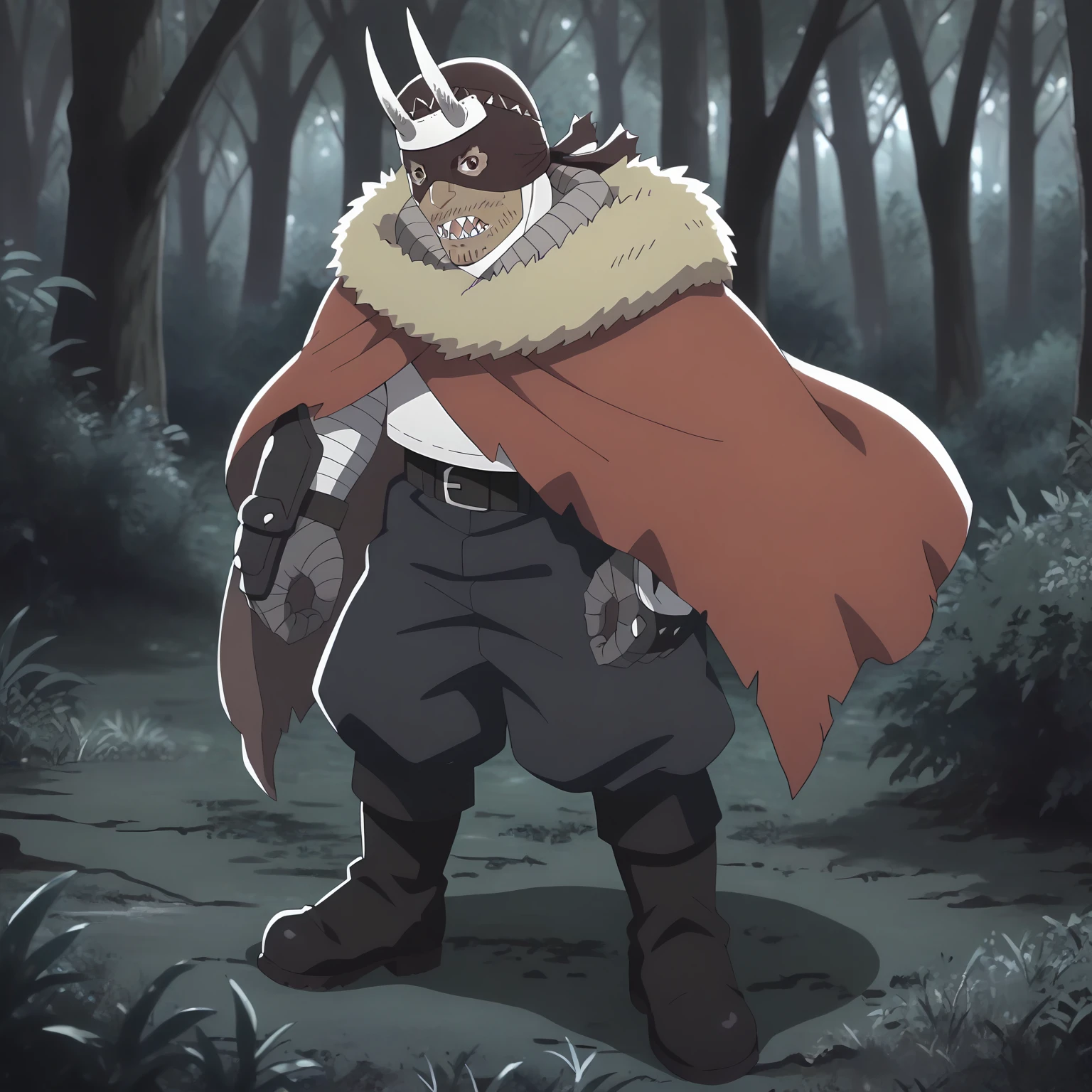 <lora:IBtSWTFF_AshuraXLpony001>,
solo,
Ashura,1boy,mask,horned headwear,headband,brown eyes,sharp teeth,
fur-trimmed cape,
white shirt,
bandages arms,gauntlets,
black belt,black pants,
boots,
outdoors,nature,
standing,