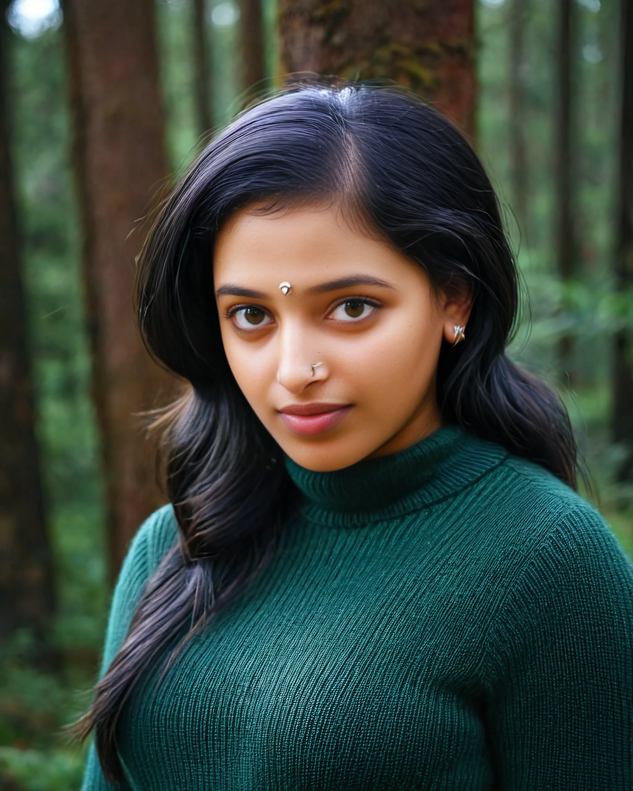 portrait photo of Anu Sithara woman, solo,  hair cut, , nose piercing, looking at the camera,  Forest Green turtleneck sweater, , contrasting background bokeh,    <lora:Anu_Sithara_SDXL_LoRA_prodigy_local_xformers_HNE-000010:1>