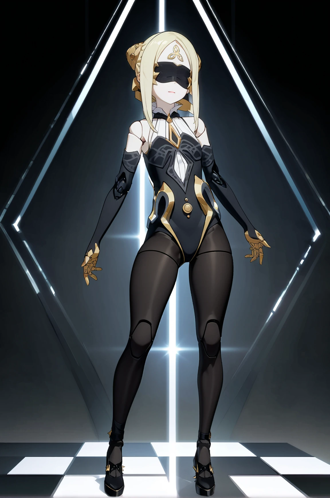 1girl, full body, best quality, high detail, 
<lora:qianren-A3-Tanger-000010:0.7>, qianren, qianren's def clothes, 1girl, blindfold, blonde hair, pantyhose, joints, black shoes, 
Confident, stunning figure, head high, eyes sparkling, magnetic presence, commanding attention, self-assured, charismatic, captivating., 
dynamic pose, extreme aesthetics, art photography, film lens, film light and shadow, 
simple_black_background, black and white theme, Sense of coordination, sense of order, mathematics beauty, (cover design), (cover art), ((trim)), album_art, official art, (Master's work), 
chessboard, chess, white geometry, black geometry, reflection, crystal_art, pattern_design, creative, Mystery pattern, black crystal decorate, black crystal, (architectural art), ((geometric art)), pattern design, creative, 
------, 
Low saturation, grand masterpiece, Perfect composition, film light, light art,