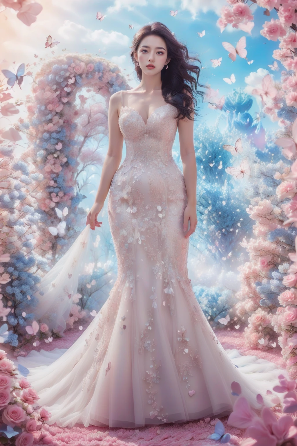 1girl, white wedding dress, looked at viewer,standing,((pink heart-shaped arch)),flying butterflies and pink flowers,fantasy, full body photo in a dreamy style, high-definition,photography,dreamy background,lighting shooting,soft lighting , super details,surrealism,panoramic style,princess dress, <lora:JAY - FLOWER GATE LOVER:0.8>, (best quality:1.3)