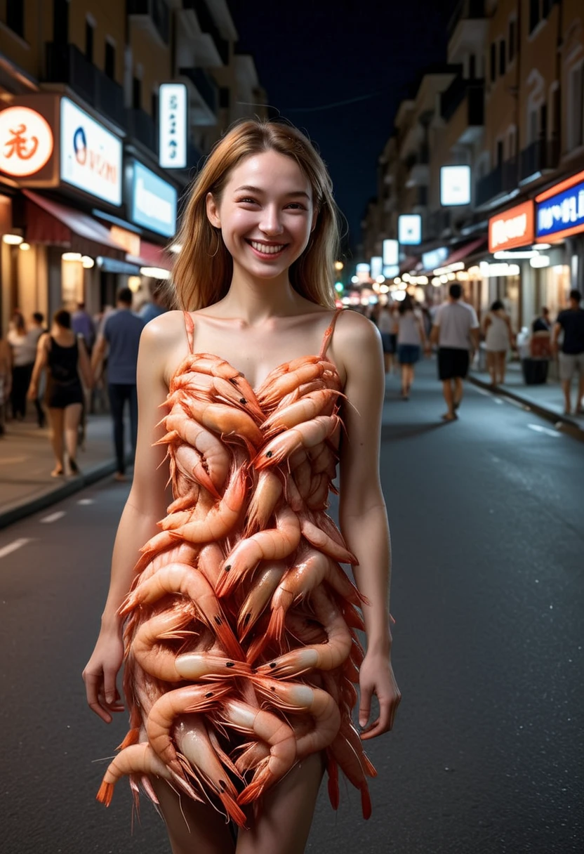 5HR1MP5, a woman wearing a dress made of shrimps,  woman smiling, set in the street at night, city, ,Masterpiece,best quality, raw photo, realistic, very aesthetic