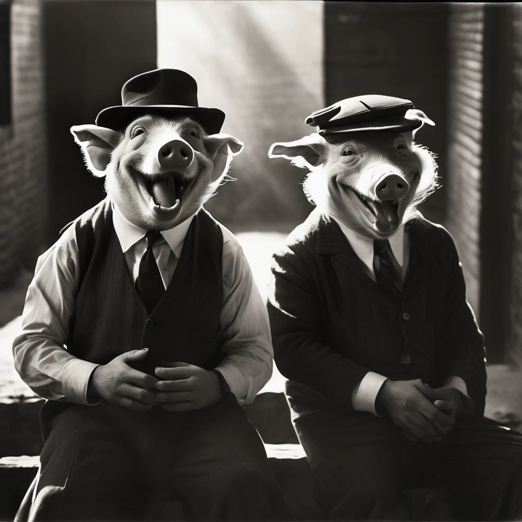 film noir style hru, two pigs are smiling while sitting next to each other<lora:hogs-cnt:1> . monochrome, high contrast, dramatic shadows, 1940s style, mysterious, cinematic