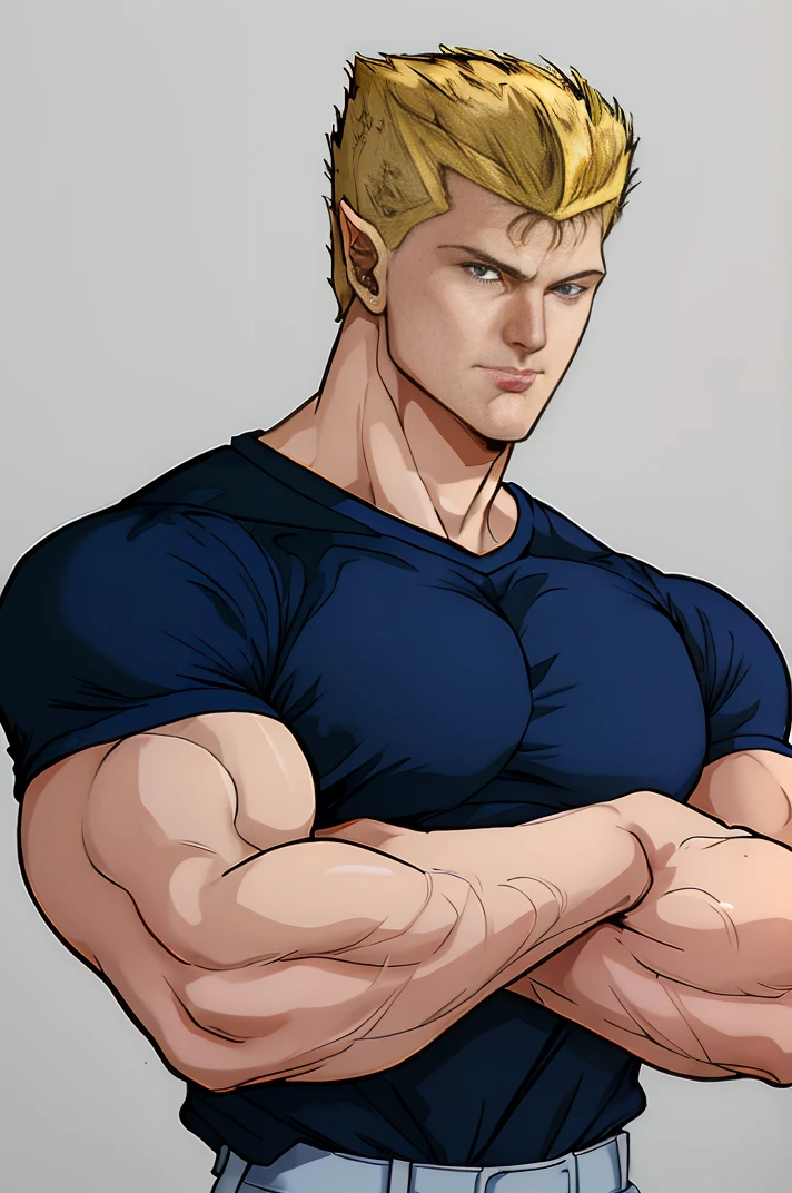 absurdres, <lora:ZeruYYH:0.8>, zeru, portrait, (upper body:1.1), muscular male, simple background, facing viewer, dark blue shirt