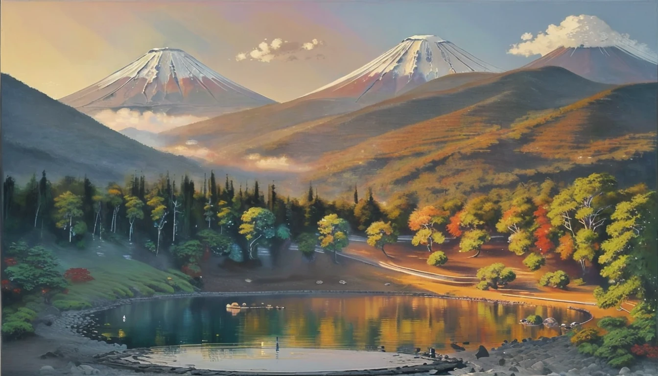 landscape, Japan, hot water lake, fuji mountain, detail, realistic, ((masterpiece)), hot steam, sunset, golden hour yfogel
