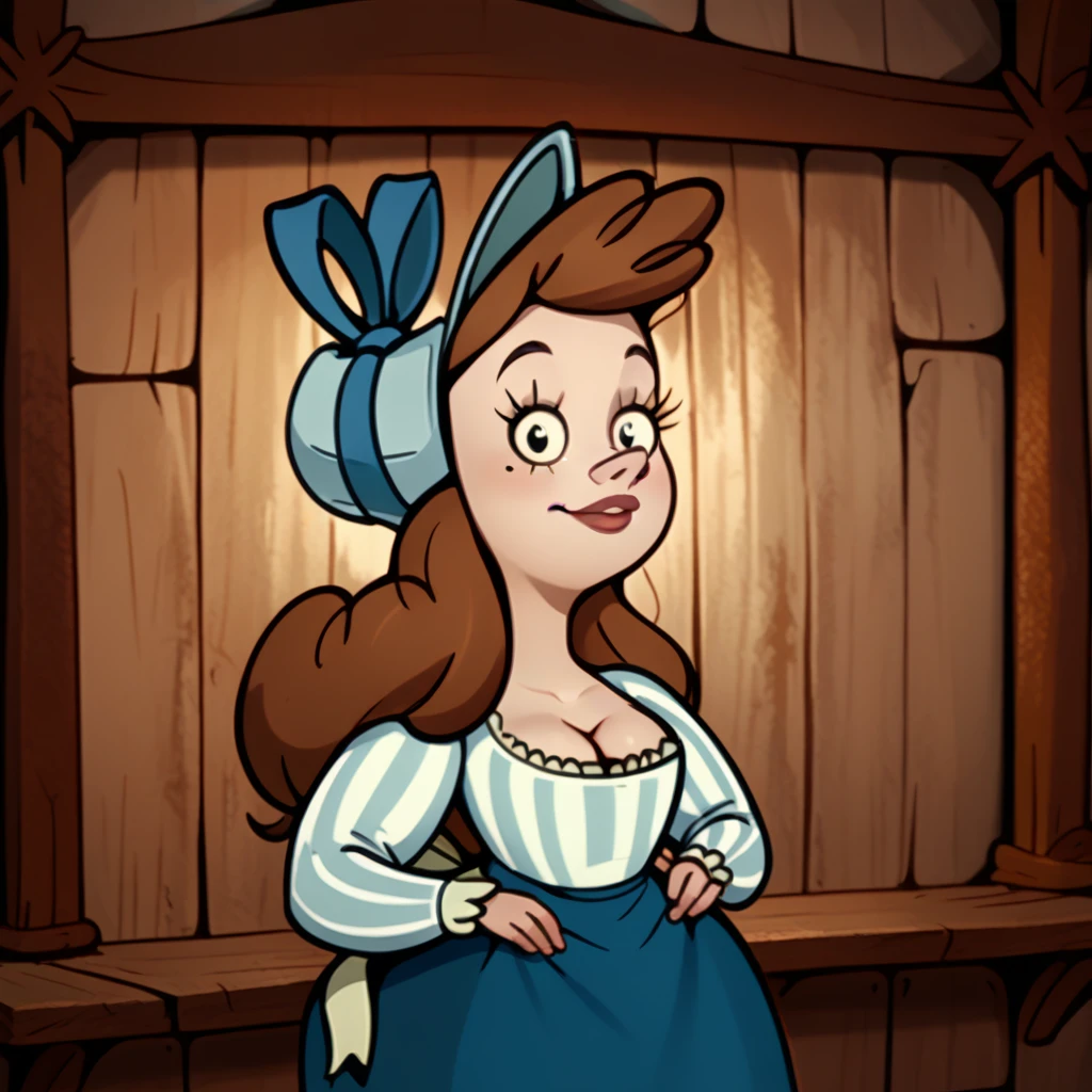 <lora:Ms_Leading_-_Misadventure_of_Flapjack:0.8>1girl, solo, brown hair, mole, long hair, blouse, striped shirt, ruffles, bonnet, bow, hat, puffy sleeves, curvy, bustle dress, blue skirt, blue apron, striped, dress, breasts, cleavage, apron, long sleeves, looking at viewer, portrait,, source_cartoon, score_9, score_8_up, score_7_up,