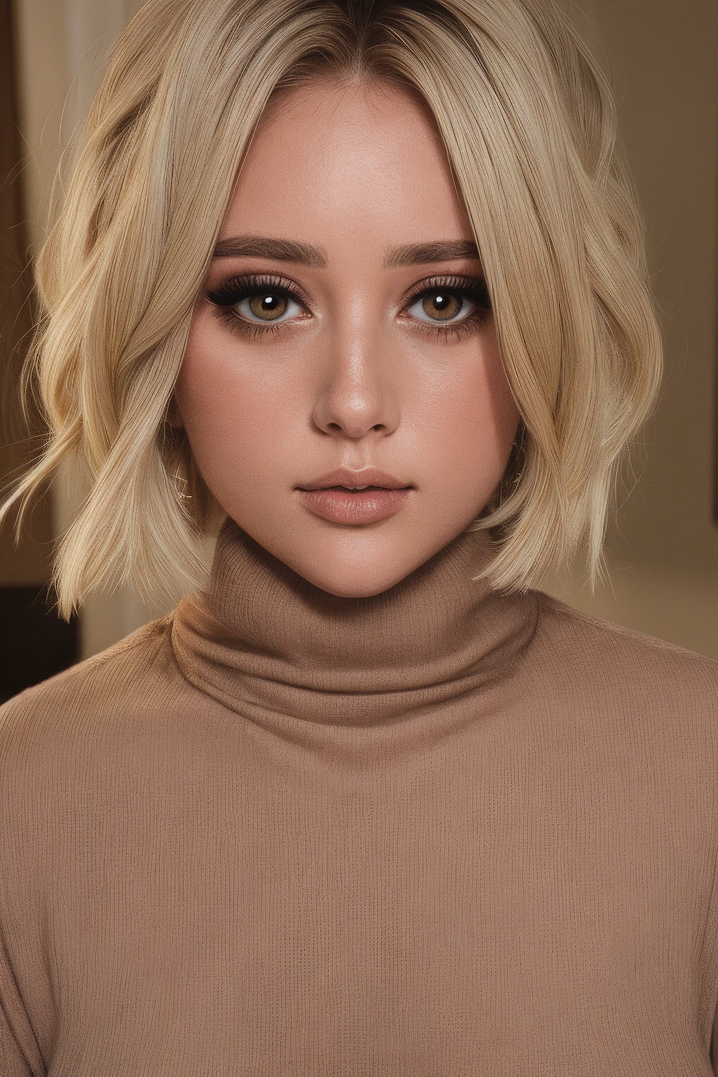 mndngwmn,turtleneck sweater, , (ultra realistic, 8k,high quality), natural lighting, (wearing makeup:1.1),