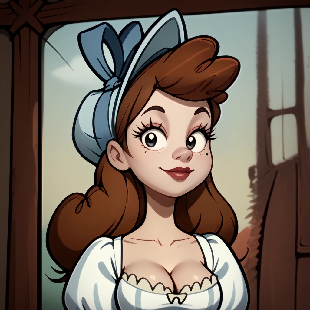 <lora:Ms_Leading_-_Misadventure_of_Flapjack:0.8>1girl, solo, brown hair, mole, long hair, blouse, striped shirt, ruffles, bonnet, bow, hat, puffy sleeves, curvy, bustle dress, striped, dress, breasts, cleavage, long sleeves, looking at viewer, portrait, close up, face focus,, source_cartoon, score_9, score_8_up, score_7_up,