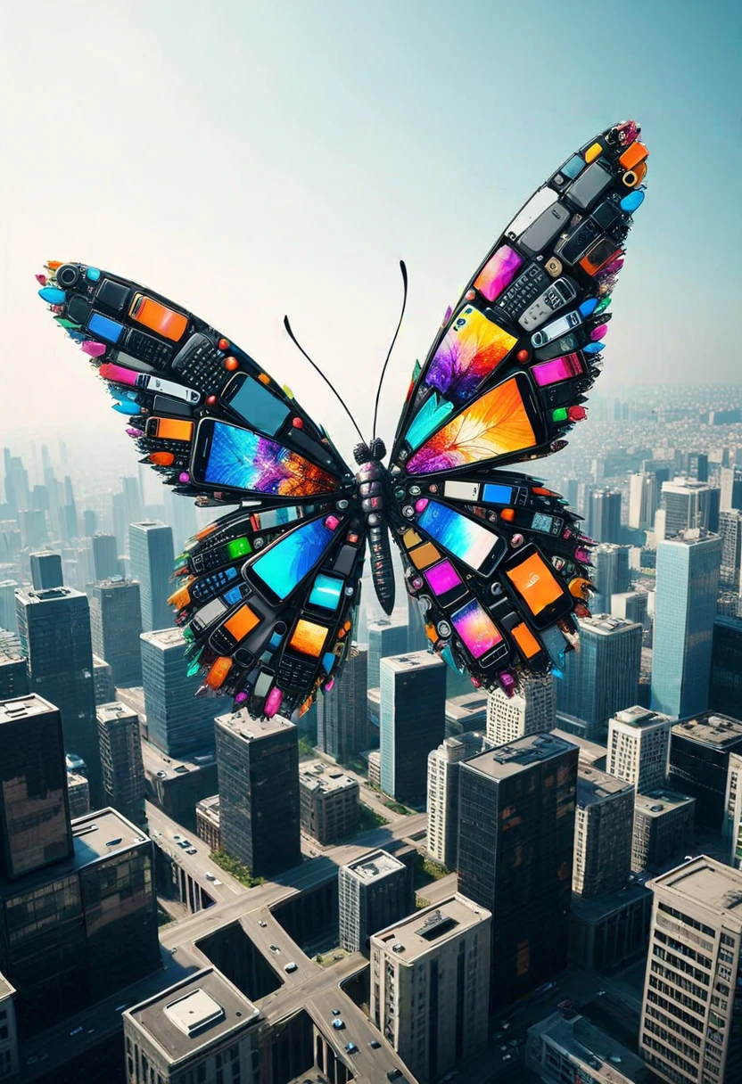 C3LLPH0N3S, a butterfly made of cell phones,  flying over the city ,Masterpiece,best quality, raw photo, realistic, very aesthetic