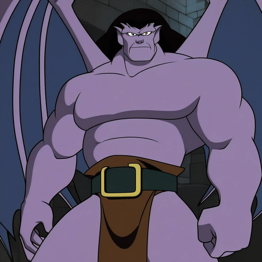goliath, bara, tall muscular figure, muscular pecs, six pack abs, muscular arms, loincloth, black hair, tail, highly detailed face, highly detailed eyes, looking at viewer, serious face, arms at side, high quality, large open wings in a castle