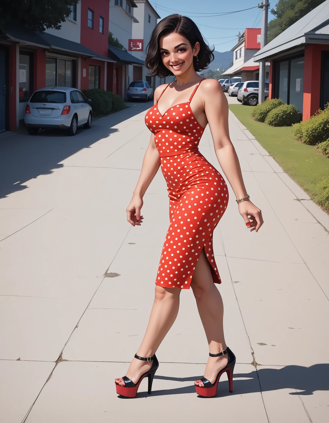 score_9, score_8_up, score_7_up, score_6_up, score_5_up, score_4_up,1girl, solo, red polka dot dress, walking, hud_plsrheels_663, high heels, strappy heels, platform heels, red footwear, black footwear, smile