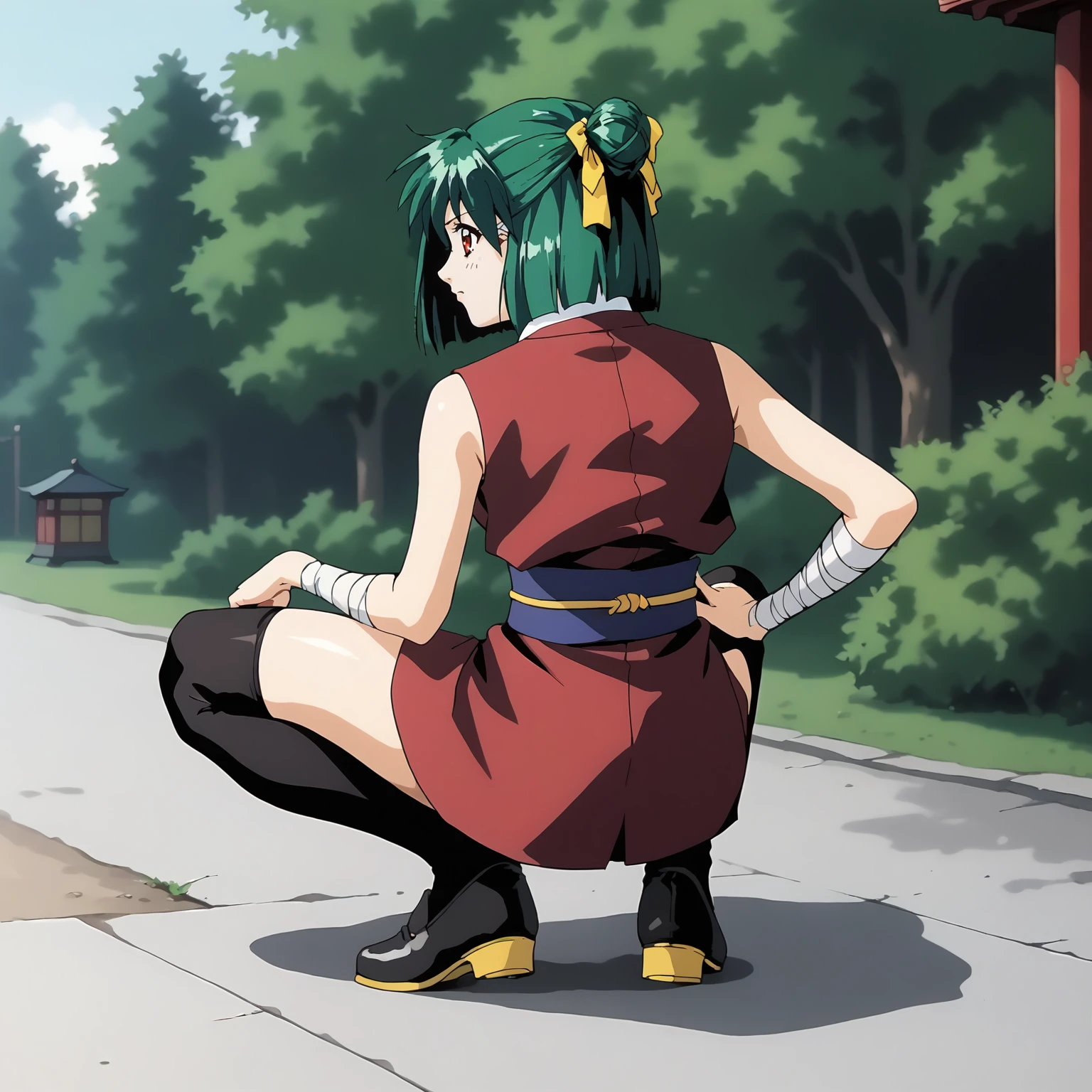 <lora:YakuXLpony003>,
solo,
Yaku,1girl,green_hair,short_hair,half updo,hair_ribbon,red_eyes,
short_kimono,sleeveless,
arm_bandages,
black thighhighs,black shoes,
full body,squatting,looking back,
outdoors,