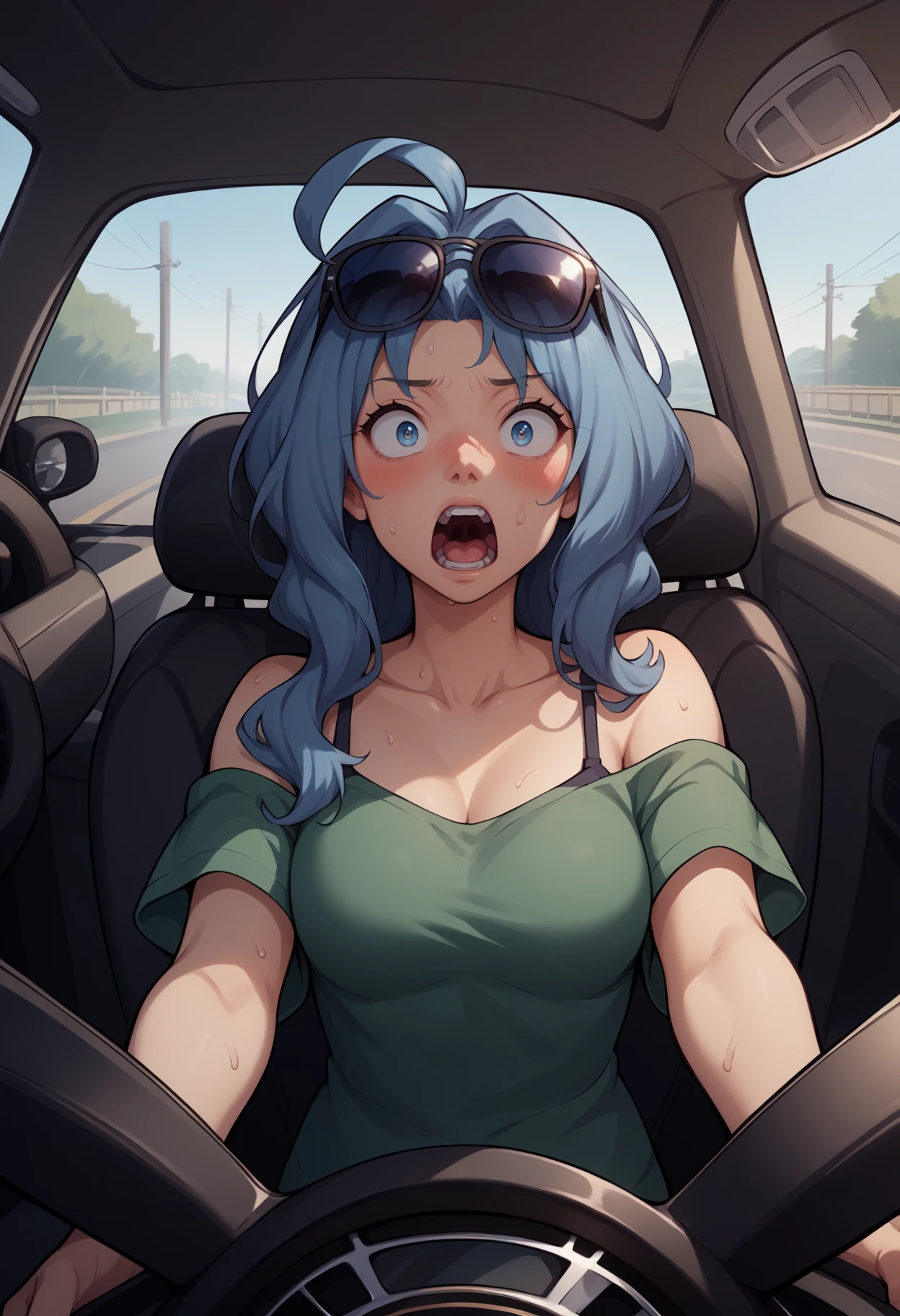 score_9, score_8_up,score_7_up, source_anime, 1girl, solo, <lora:Snq_pdxl_EliPot:1>, SQNA, long hair, blue hair, blue eyes, mature female,
 eyewear on head, sunglasses, !, !!, ahoge, blush, green shirt, driving, looking at viewer, motion blur, open mouth, shirt, short sleeves, spaghetti strap, steering, steering wheel, surprised, sweat, upper body, screaming, panicking, wide-eyed