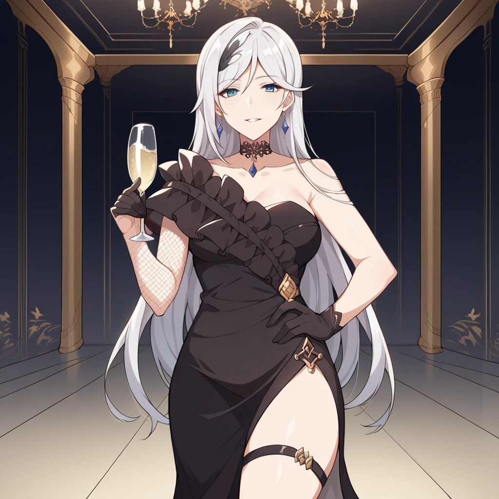 score_9_up, score_8_up, score_7_up, source_anime, masterpiece, best quality, 1girl, solo, Cecilia, Cecil_Formal, luxurious furniture, chandelier, fancy crowd, standing, holding champagne glass, hand on hip, seductive smile, parted lips, looking at you, long hair, white hair, blue eyes, feather hair ornament, black dress, strapless dress, long dress, off shoulder, frills, side slit, black choker, jewelry, fishnet sleeves, thigh strap, single sleeve, black gloves, bare shoulders, earrings, mature body, dynamic cowboy shot, indoors, grand hall background