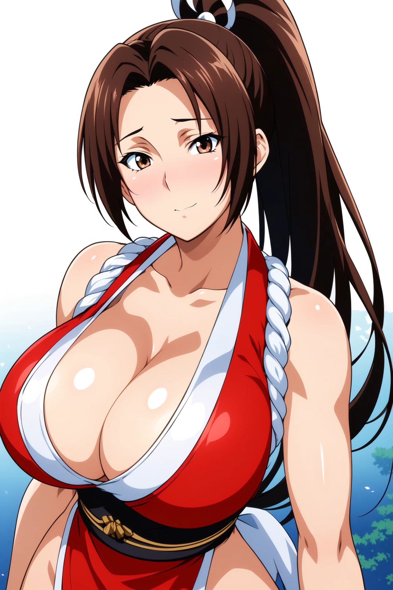 Simple Background,(White_Background:1.1),
dynamic pose,standing at attention,
red dress,sleeveless,japanese_clothes,bare_shoulders,collarbone, cleavage, 
<lora:Mai_Shiranui_DOA-KK77-V3:0.7>,shiranui mai,
brown_hair,brown_eyes,Long_high_ponytail,hair_tie,makeup,
<lora:more_details:0.1>,<lora:NovelAI_YesMix5_KKStyle-KK77-Yes5-V1:0.3>,
1 girl, 20yo,Young female,Beautiful long legs,Beautiful body,
Beautiful Nose,Beautiful character design, perfect eyes, perfect face,expressive eyes,perfect balance,
looking at viewer,(Focus on her face),closed mouth, (innocent_big_eyes:1.0),(Light_Smile:0.3),
official art,extremely detailed CG unity 8k wallpaper, perfect lighting,Colorful, Bright_Front_face_Lighting,White skin,
(masterpiece:1.0),(best_quality:1.0), ultra high res,4K,ultra-detailed,
photography, 8K, HDR, highres, absurdres:1.2, Kodak portra 400, film grain, blurry background, bokeh:1.2, lens flare, (vibrant_color:1.2),professional photograph,
(Beautiful,large_Breasts:1.4), (beautiful_face:1.5),(narrow_waist),