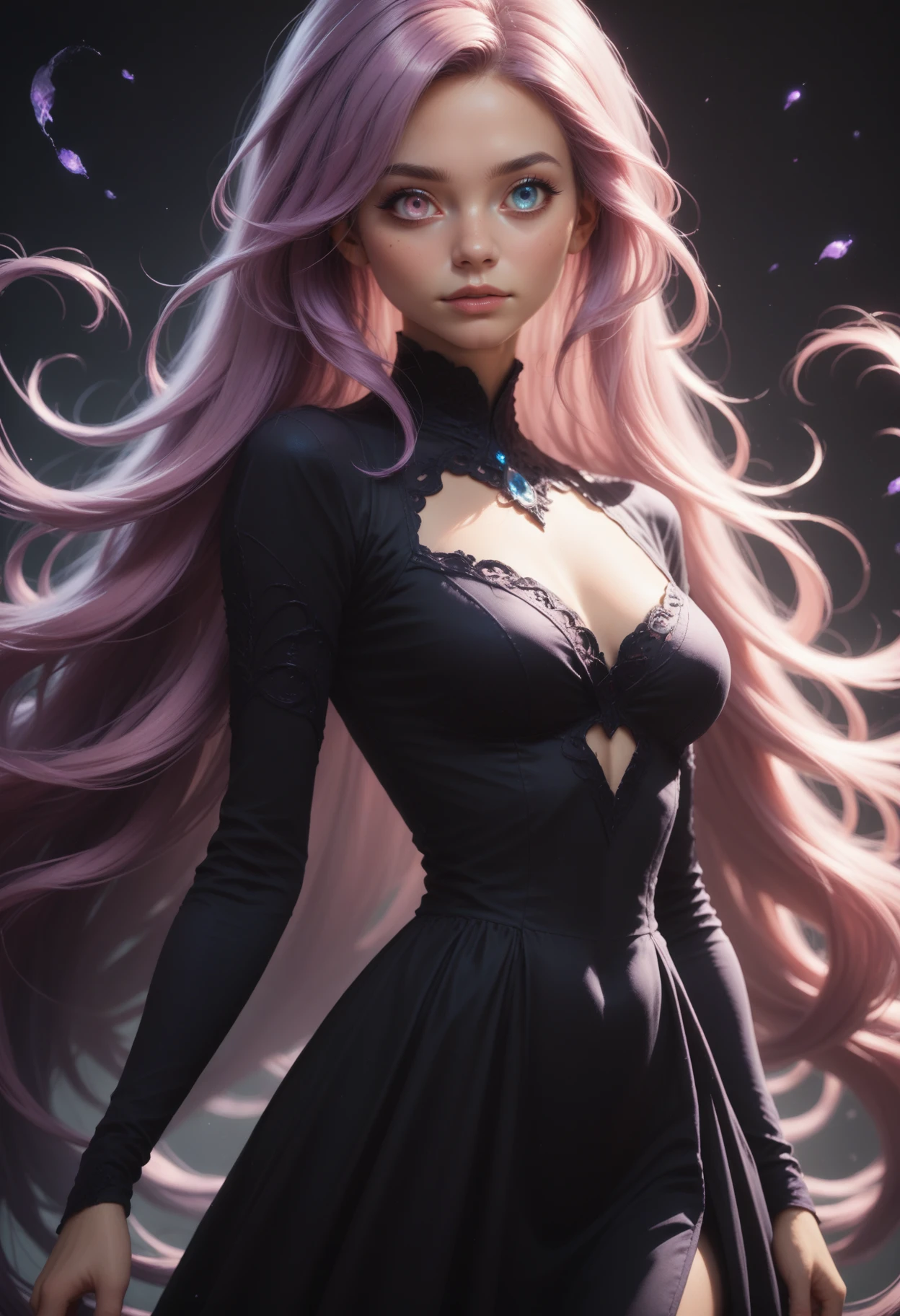 score_9, score_8_up, score_7_up,
1girl, solo, cowboy shot, purple hair, very long hair, black dress. heterochromia, blue eyes, right eye pink,
<lora:Dark_Heterochromia_Pony_v0.3:0.5>