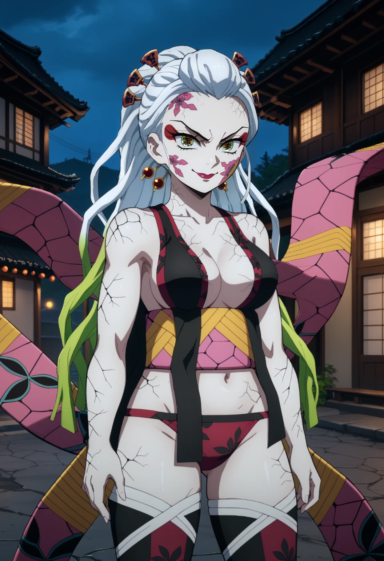 score_9,
<lora:KimetsuNoYaiba_DakiXL:0.9>, DakiKnY,
1girl, solo, evil smile, closed mouth,
multicolored hair, white hair, green hair, multicolored eyes, long hair, hair ornament, hair stick, facial mark, makeup, lipstick,
colored skin, cracked skin,
japanese clothes, bare shoulders, print bra, black bra, obi, sash, navel, print panties, black panties, print thighhighs, black thighhighs,
standing, looking at viewer, solo focus,
outdoors, blurry background, photo background, night, building, wood
