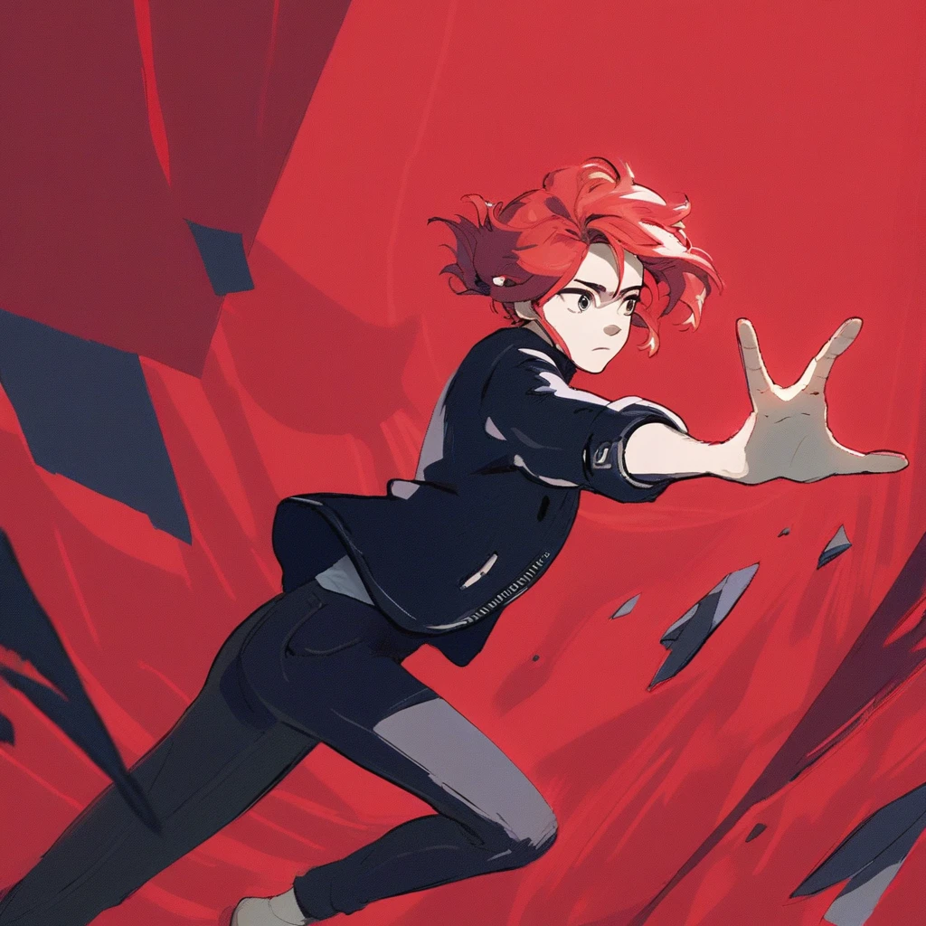 score_9, source_anime, J3sse, 1girl, red hair, black jacket, pants,  reaching out