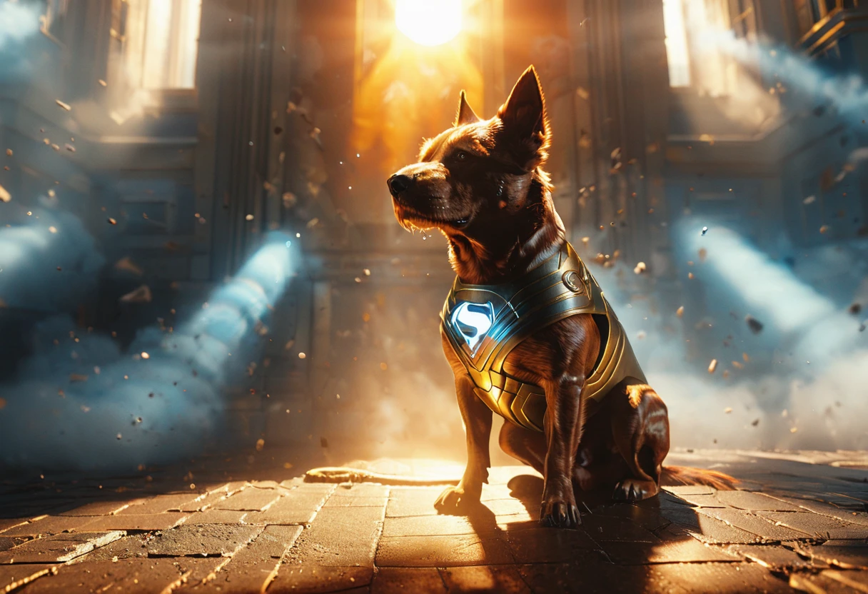 midjourneylora, dog, superhero,Cinematic Lighting, Dramatic lighting, high contrast, detailed shadows, high-resolution