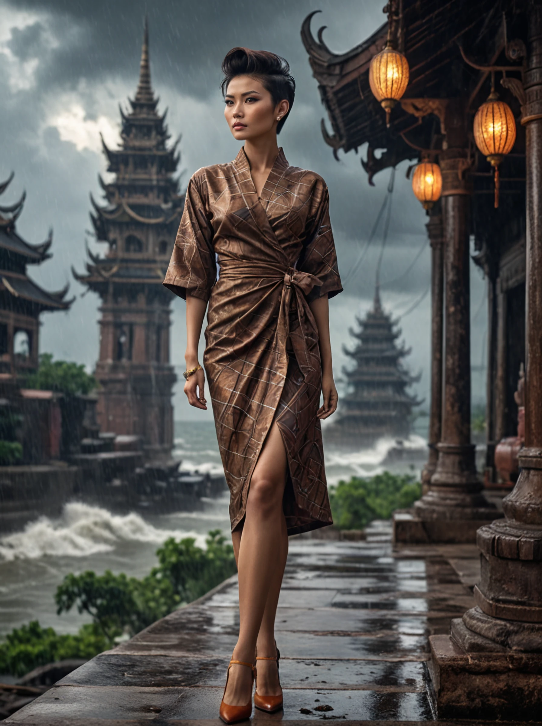 A beautiful Thai woman with a mysterious allure,Pompadour haircut,Chestnut,dressed in a wrap dress with bold geometric prints and pumps,arm support,In the Stormforged Bastion above the Roiling Storms,style by Leonard Starr,(masterpiece best quality ultra-detailed best shadow amazing realistic picture),Canon RF,cinematic lighting