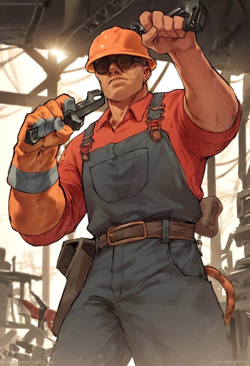 score_9, score_8_up, score_7_up, score_6_up, score_5_up, score_4_up, tf2engineer, redengie, red shirt, hardhat, overalls, sunglasses, single glove, low angle, holding wrench, backlit, dramatic lighting