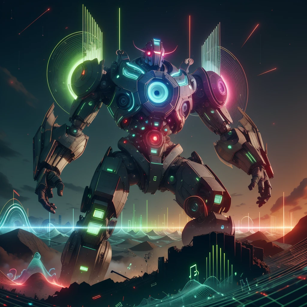 <lora:NaviSoundwaveTech:0.8> soundwavetech ,scifi, digital music,glowing frequencies,
third person view, at rooftop, looking at huge colossal battle mech , destruction,